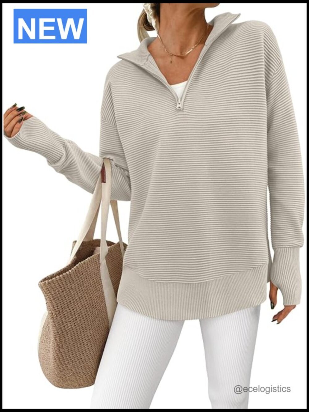 Long Sleeve Quarter Zip Pullover Sweater Casual Loose V Neck Collared Ribbed